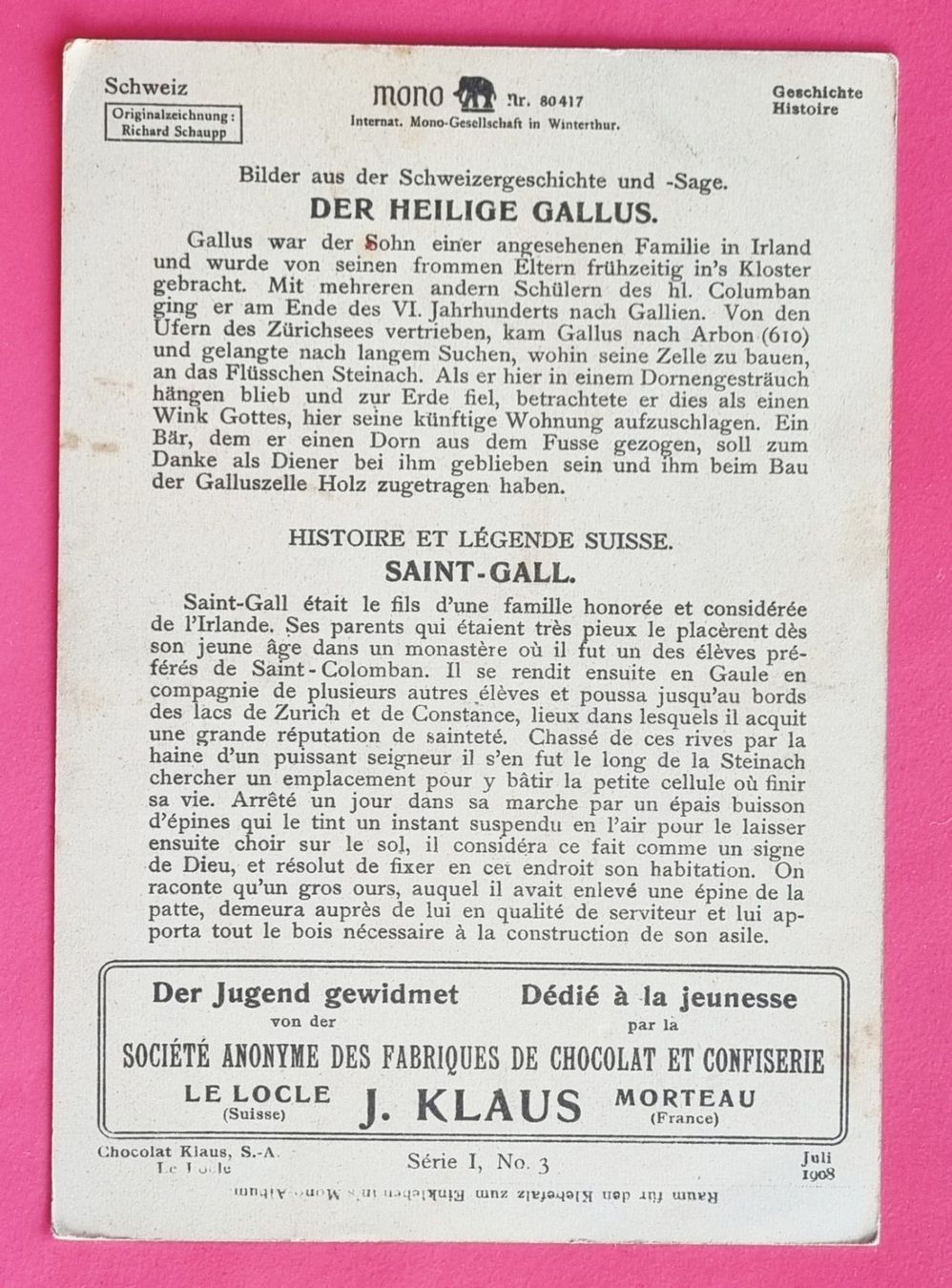 Cartoline postali: Chocolat Klaus - Gallus und der Bär – Usato da Rothrist venduto da RROENK 1