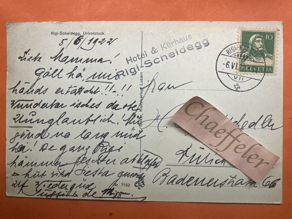 Cartoline postali: Alte Ansichtskarte Rigi-Scheidegg, mit Urirotstock. 1922 – Usato da Zürich venduto da Chaeffeler 1