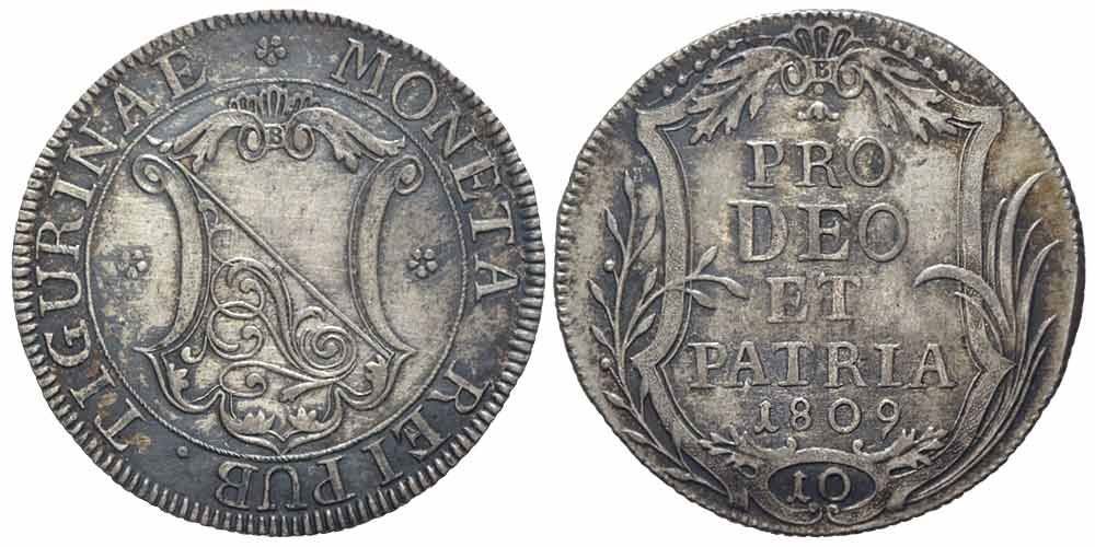 Tutti le monete: Zurich, 10 Schilling 1809 (01) – Usato da Chiasso venduto da Novamarketing