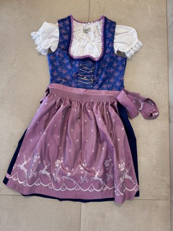 Dirndl Landhaus, dunkelblau, altrosa, Hirschmotiv Grösse 40