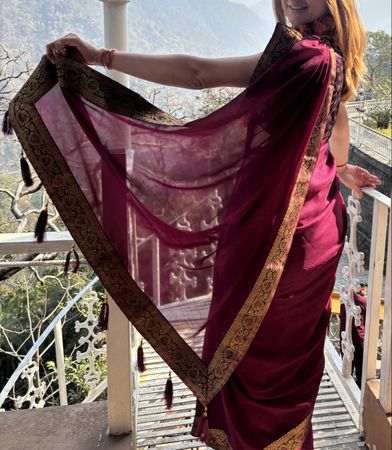 Maroon Indian Saree with Gold Embroidery, like new