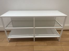 Meuble TV blanc avec étagères en verre 2 niveaux