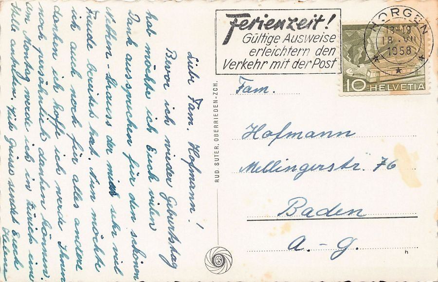 Ansichtskarten: Horgen mit Speer, gelaufen 1958 – Gebraucht aus Frauenfeld von POML 1