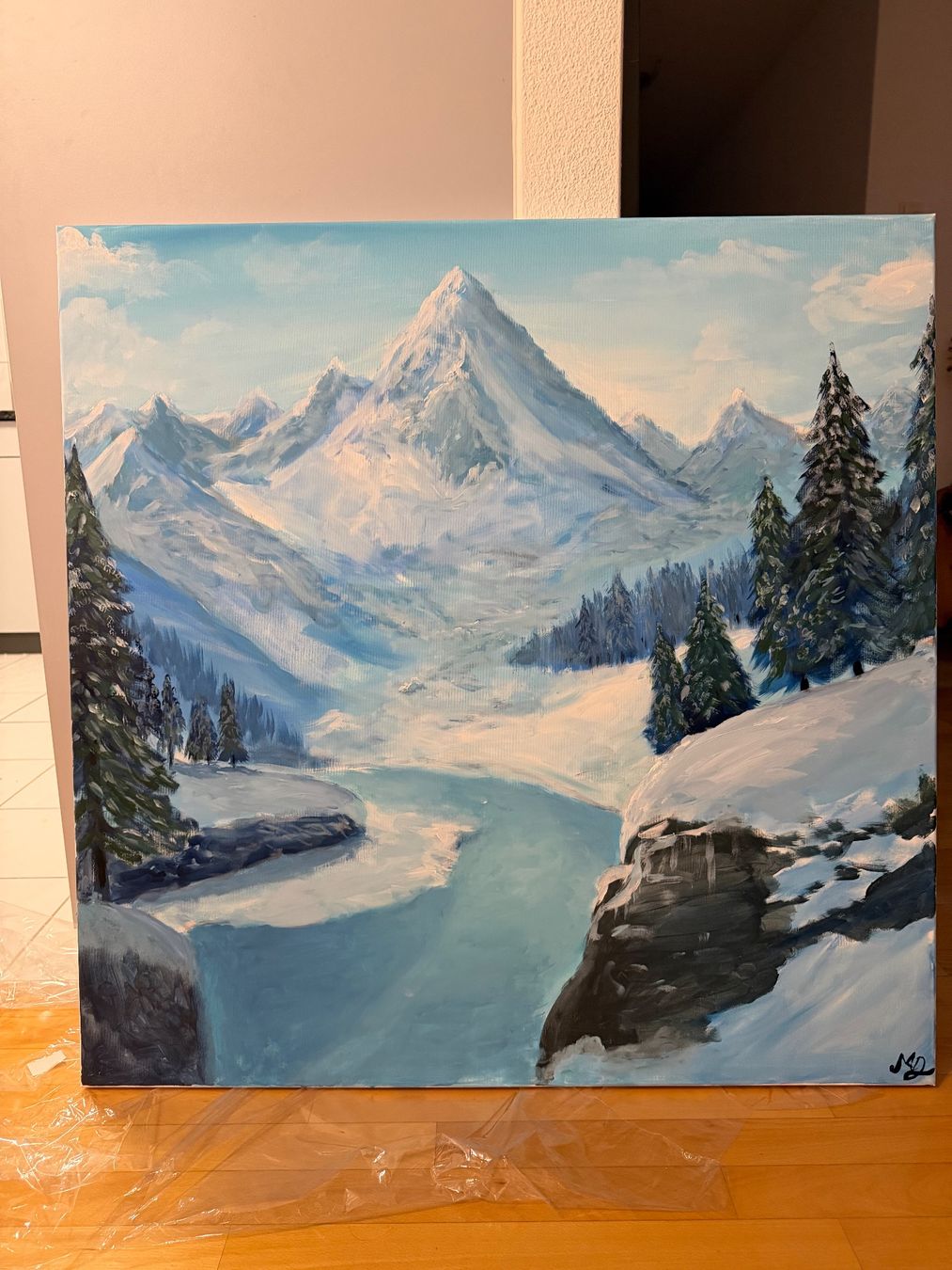 Dipinti: Winter Bergpanorama Gemälde, Handgemalt, 100x100 cm – Nuovo e nell'imballaggio originale da Pfäffikon SZ venduto da Andrei_Moro_Kunst 1