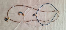 3er Set Perlenkette, Mond, Stern, Planet Anhänger, Boho