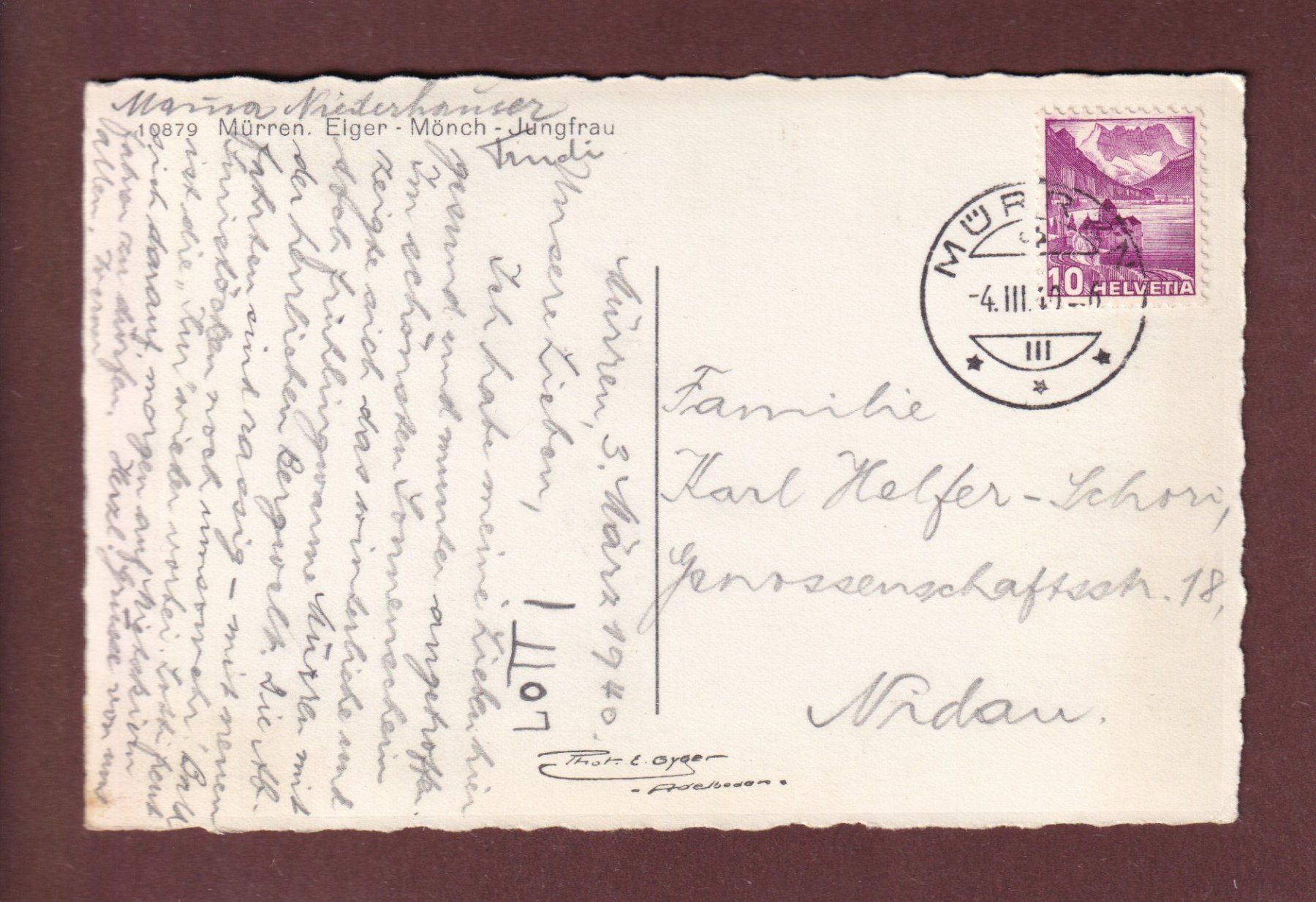 Cartoline postali: MÜRREN - Eiger - Mönch - Jungfrau - 1940 – Usato da Pully venduto da nicecards-shop 1