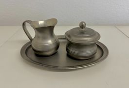 Zinn Set Kännchen und Dose auf Tablett gebraucht