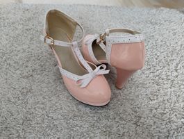 Plateau Pumps Lack rosa weiss mit Riemen, Grösse 38
