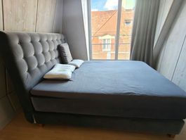 Grey velvet bed frame with tufted headboard - queen size