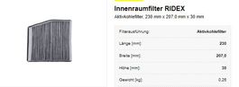 Innenraumfilter RIDEX FIAT Punto II Schraegheck 188
