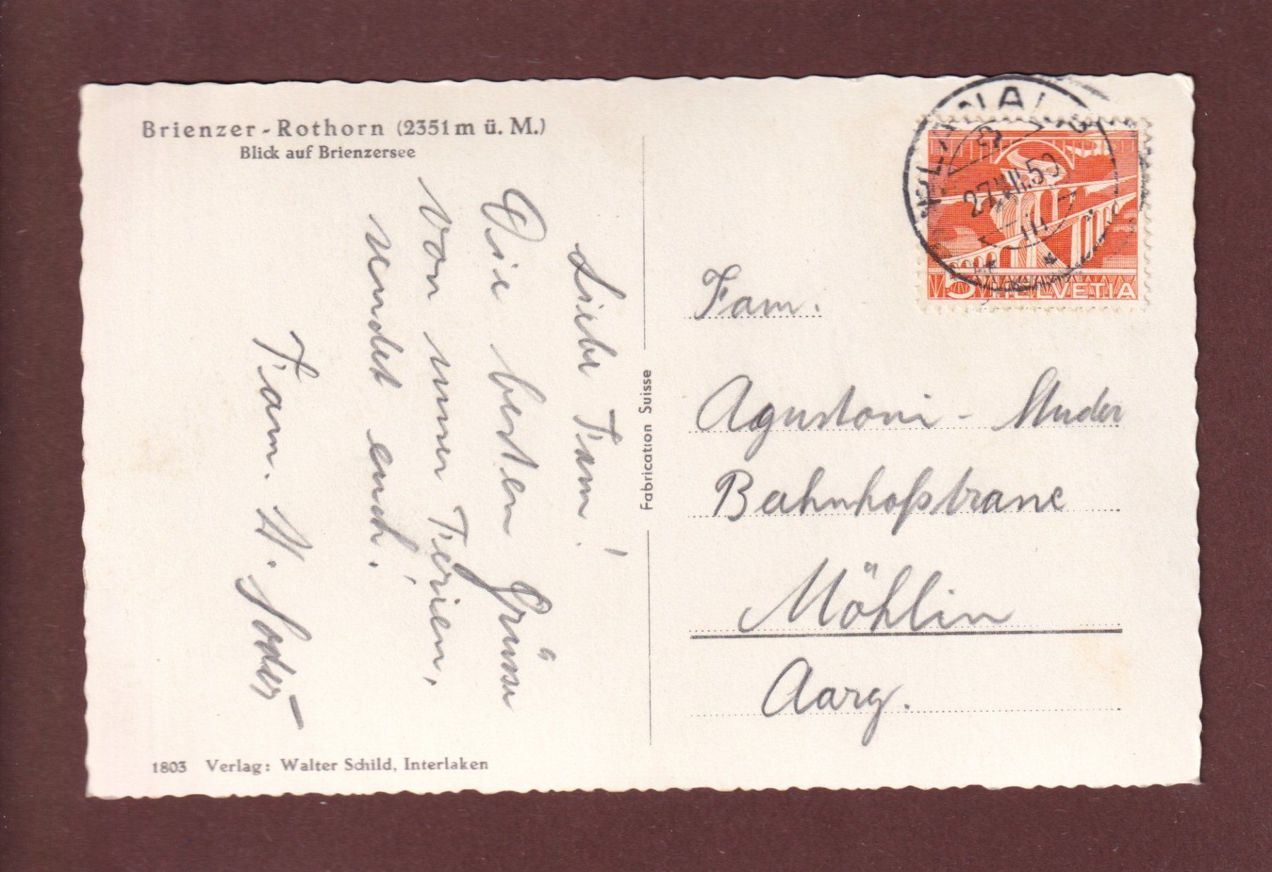 Cartoline postali: BRIENZER-ROTHORN - 1950 – Usato da Pully venduto da nicecards 1
