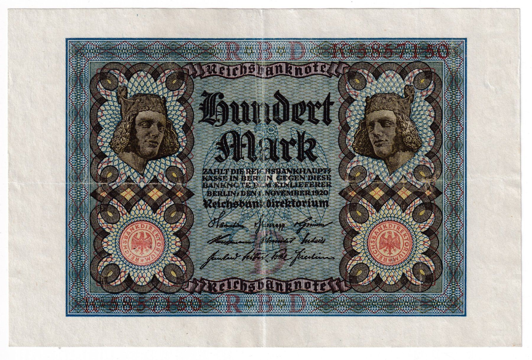 Banknoten: Banknote Deutschland Reichsbanknote 100 Mark 1920 – Gebraucht aus Neuchâtel von karlpierrino