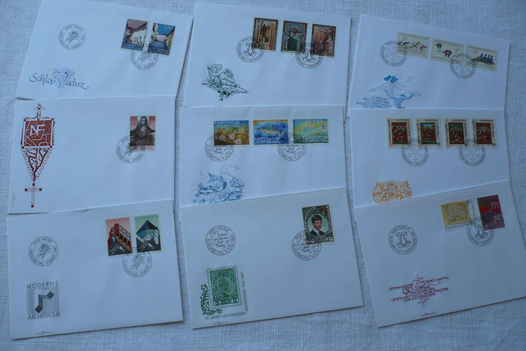 Tutti i francobolli: FL 1987 Neuausgaben 9 FDC – Usato da Zürich venduto da saltandpepper008