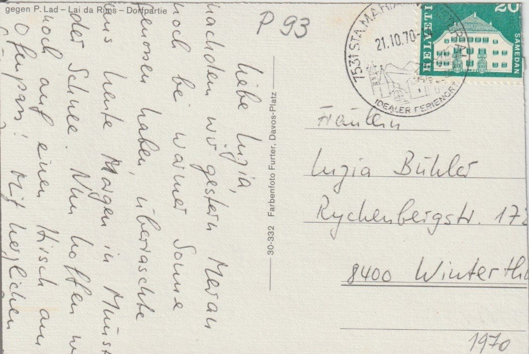 Cartoline postali: P 93 Santa Maria, 1970 – Usato da Freienbach venduto da Bhaltis 1