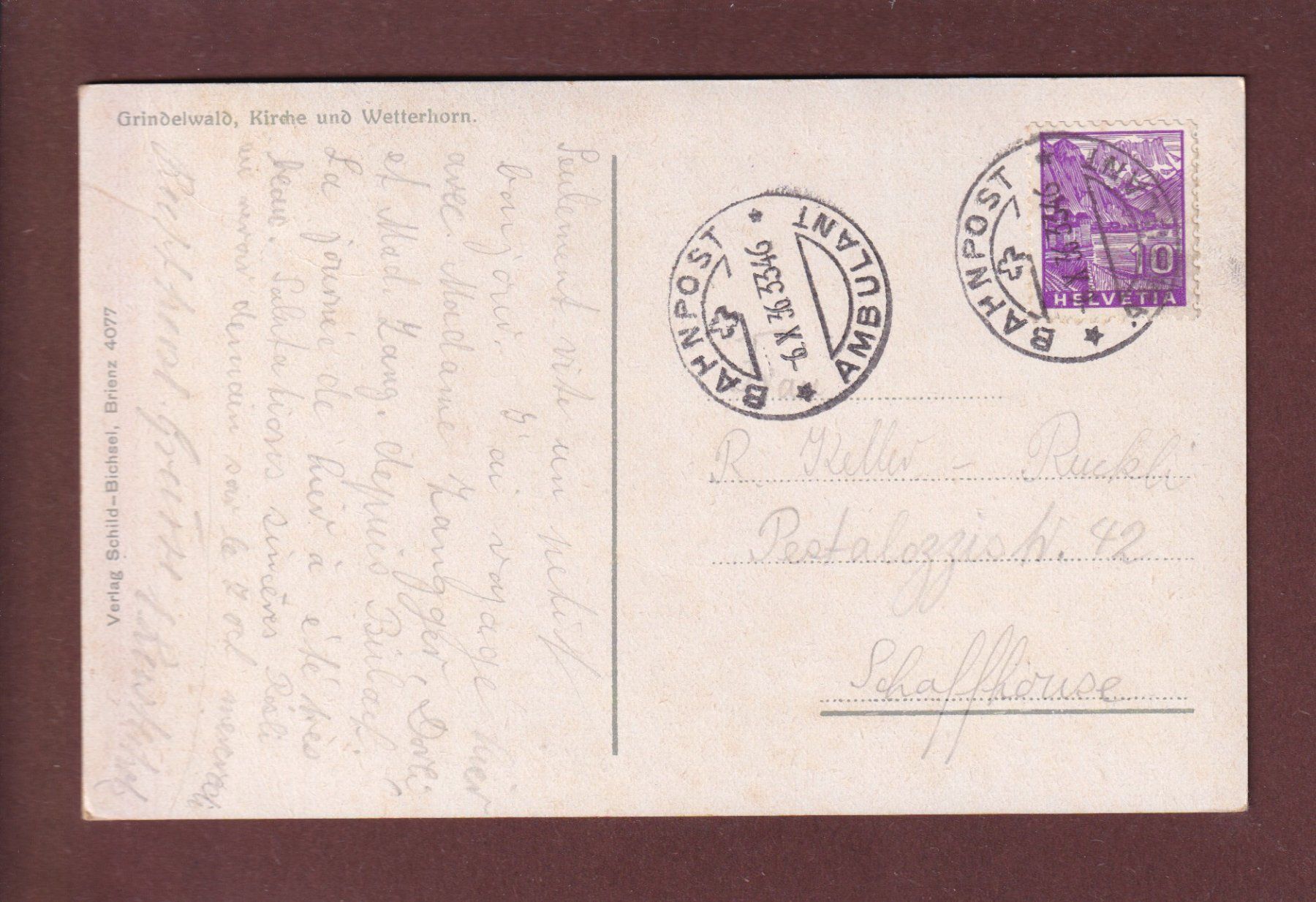 Cartoline postali: GRINDELWALD - Kirche - Wetterhorn - 1936 – Usato da Pully venduto da nicecards 1