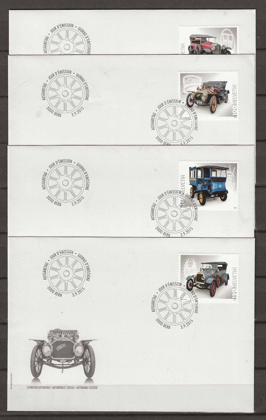 Tutti i francobolli: F1556 - 4 FDC Automobiles suisses – Usato da Trélex venduto da Phil_Albert