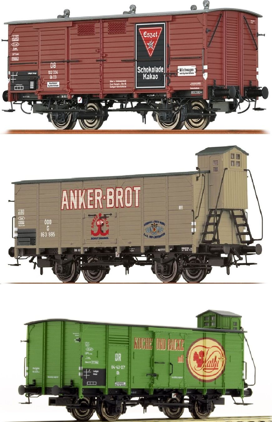 Brawa Modellini di ferrovie: BRAWA Set III - 3 verschiedene Güterwagen – Nuovo e nell'imballaggio originale da Rotkreuz venduto da MOBAHN-1zu87