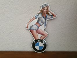 Emailschild BMW Automobil Pin Up Girl Emaille Schild Reklame