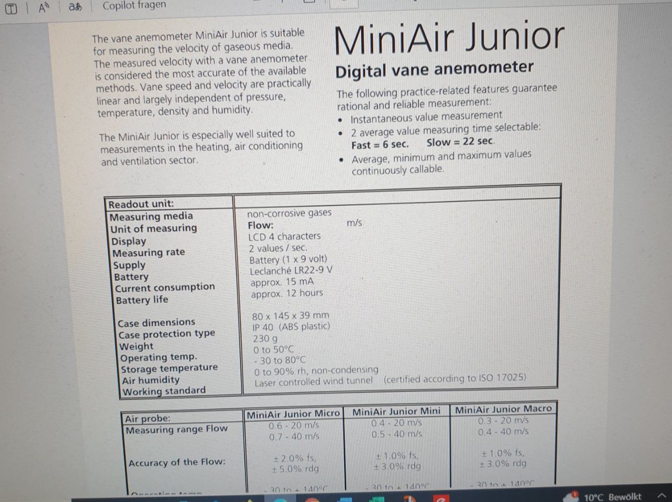 Misurare: MiniAir junior digital Vane Anemometer ohne Messsonde – Usato da Horw venduto da Arta20000 5