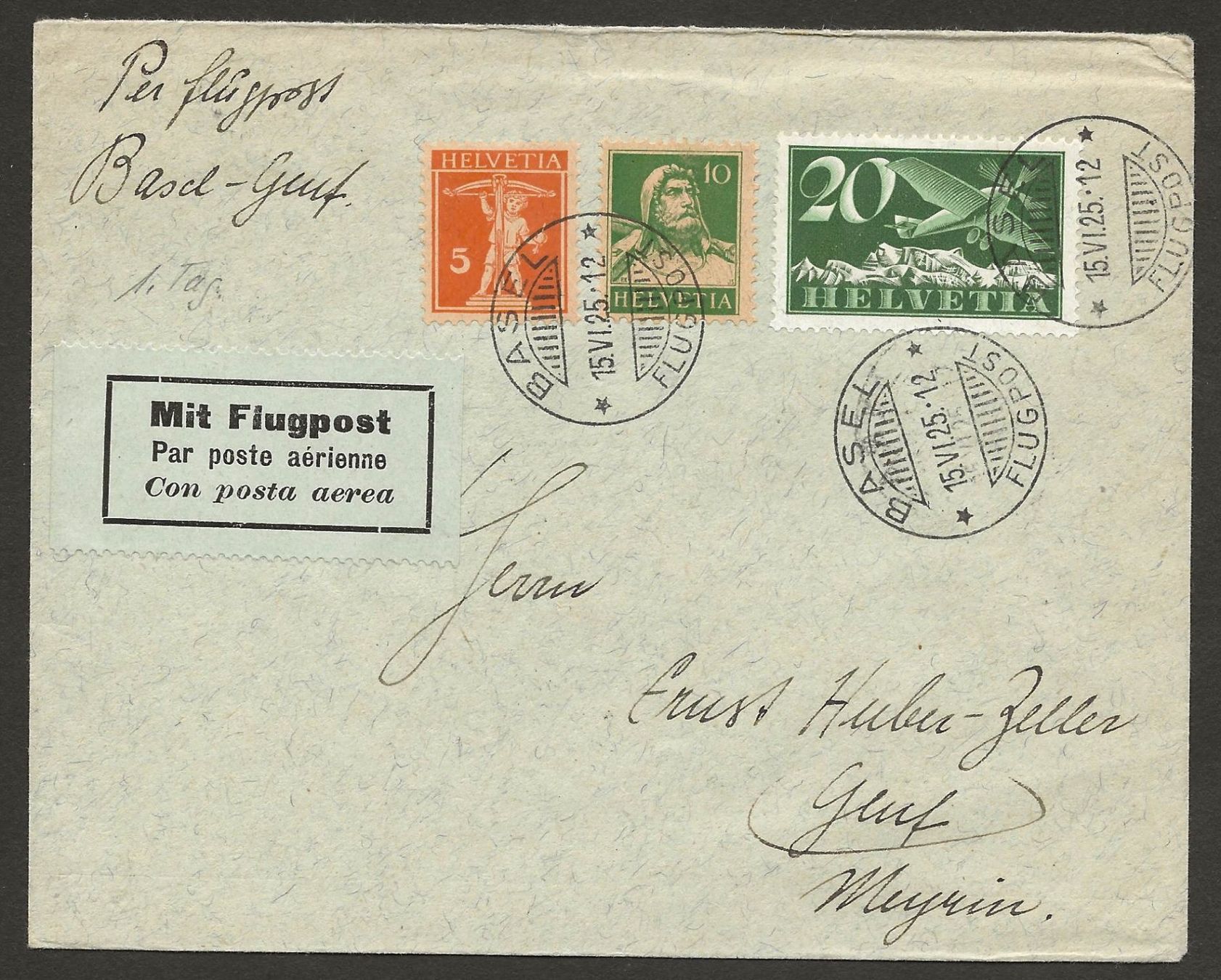 Tutti i francobolli: Flugpost Schweiz 1925 Basel Genf RF 25.6b Luftpost Kat 250.- – Usato da Au ZH venduto da xelagreb01