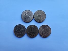 5x 10 Francs Gedenkmünzen