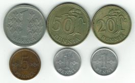 Münzensatz Finnand, 1 Markk bis 1 Penni, 1963-1976 (6 Stk.)
