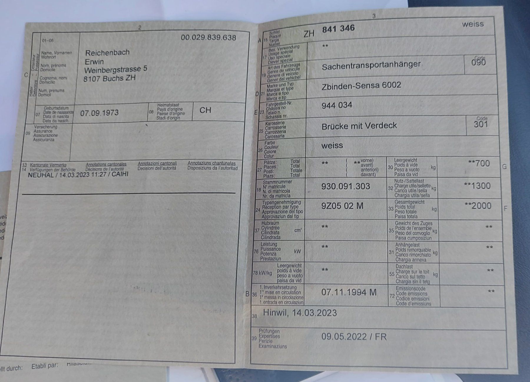 Zbinden Rimorchi: Zbinden-Sensa 6002 – Usato da Buchs ZH venduto da Hauswart2 6