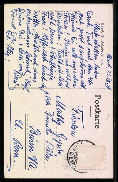 Cartoline postali: Künstler-AK Basel, St. Jakobsdenkmal – Usato da Berlin venduto da bartko-reher 1