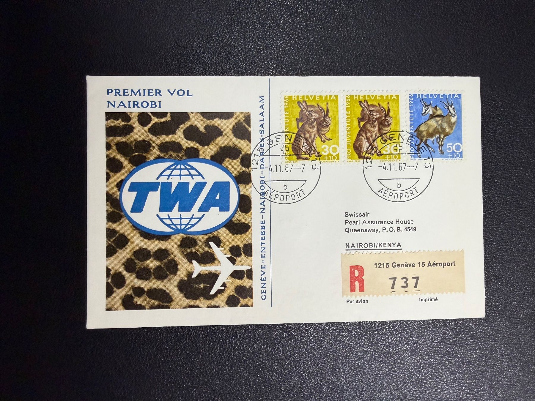 Tutti i francobolli: TWA Erstflugbrief Genf-Nairobi 1967 – Usato da oberrüti venduto da jeanmei
