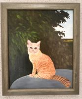 Ölgemälde – Katze auf Gartentisch
