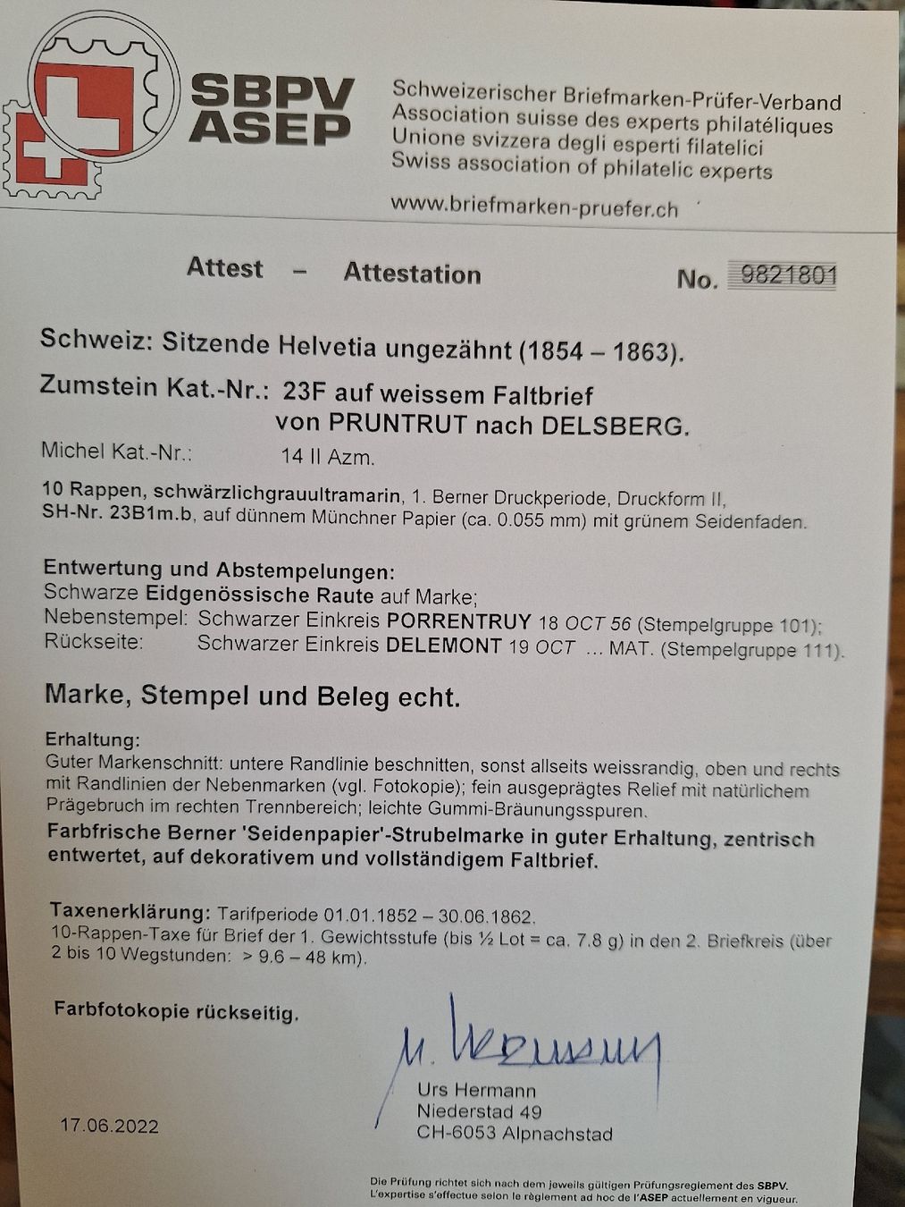 Alle Briefmarken: Strubelbrief 23F mit Attest Kat. 2500.- Pruntrut - Delsberg – Gebraucht aus Balgach von SIMEON27 2