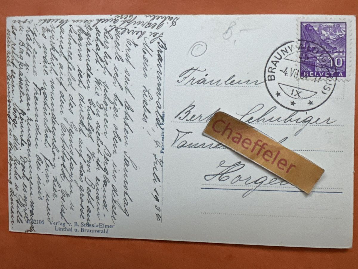 Ansichtskarten: 1934 Pension Friedheim , Braunwald  – Gebraucht aus Zürich von Chaeffeler 1