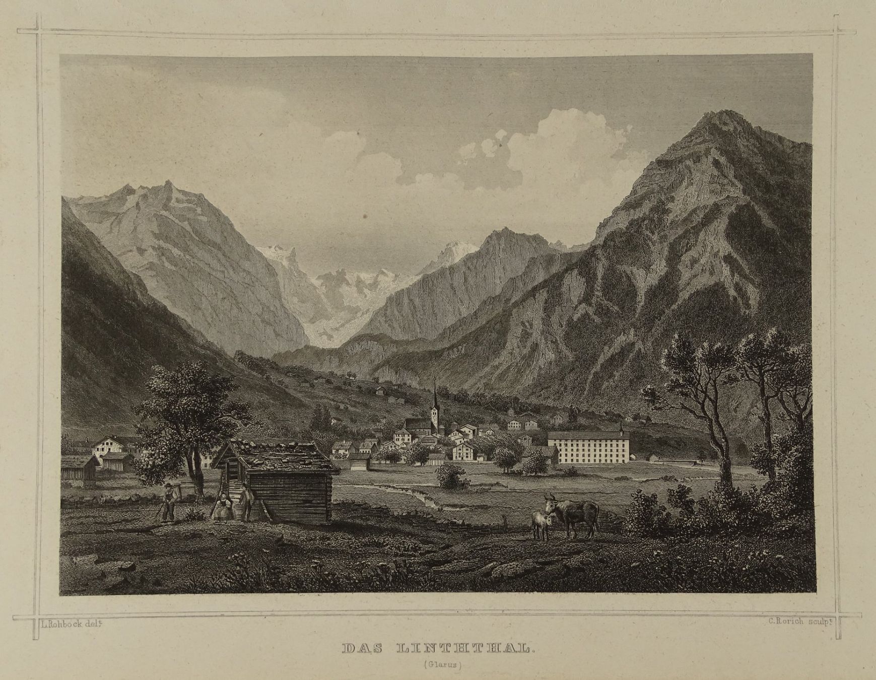 Incisioni: DAS LINTHTAL, GLARUS, STAHLSTICH NACH ROHBOCK 1870 – Usato da Grüningen venduto da Kartensammler