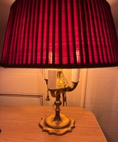Lampe de table ancienne laiton 3 lumières abat-jour rouge