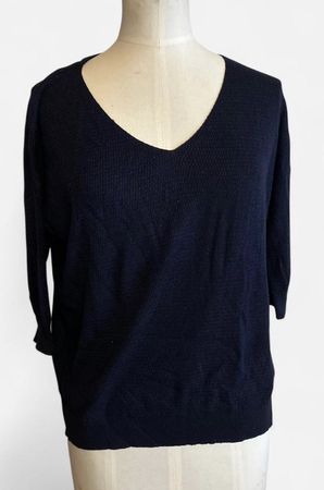 Pull femme bleu marine col en V manches trois-quarts