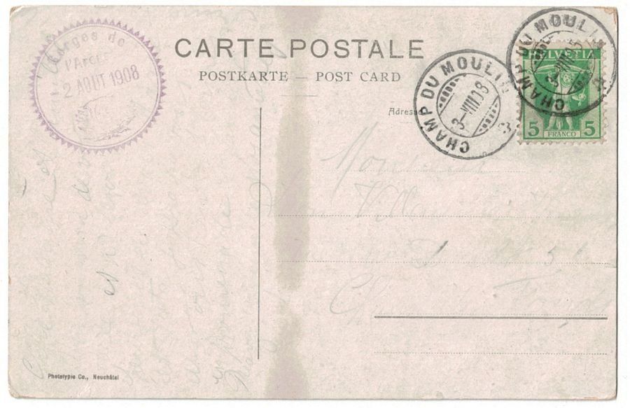 Ansichtskarten: Champ du Moulin avec Creux du Van, circulée 1908 – Gebraucht aus Frauenfeld von POML 1