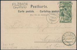 GL Filzbach - Stabstempel - UPU - EF -> Seegräben ZH - Litho