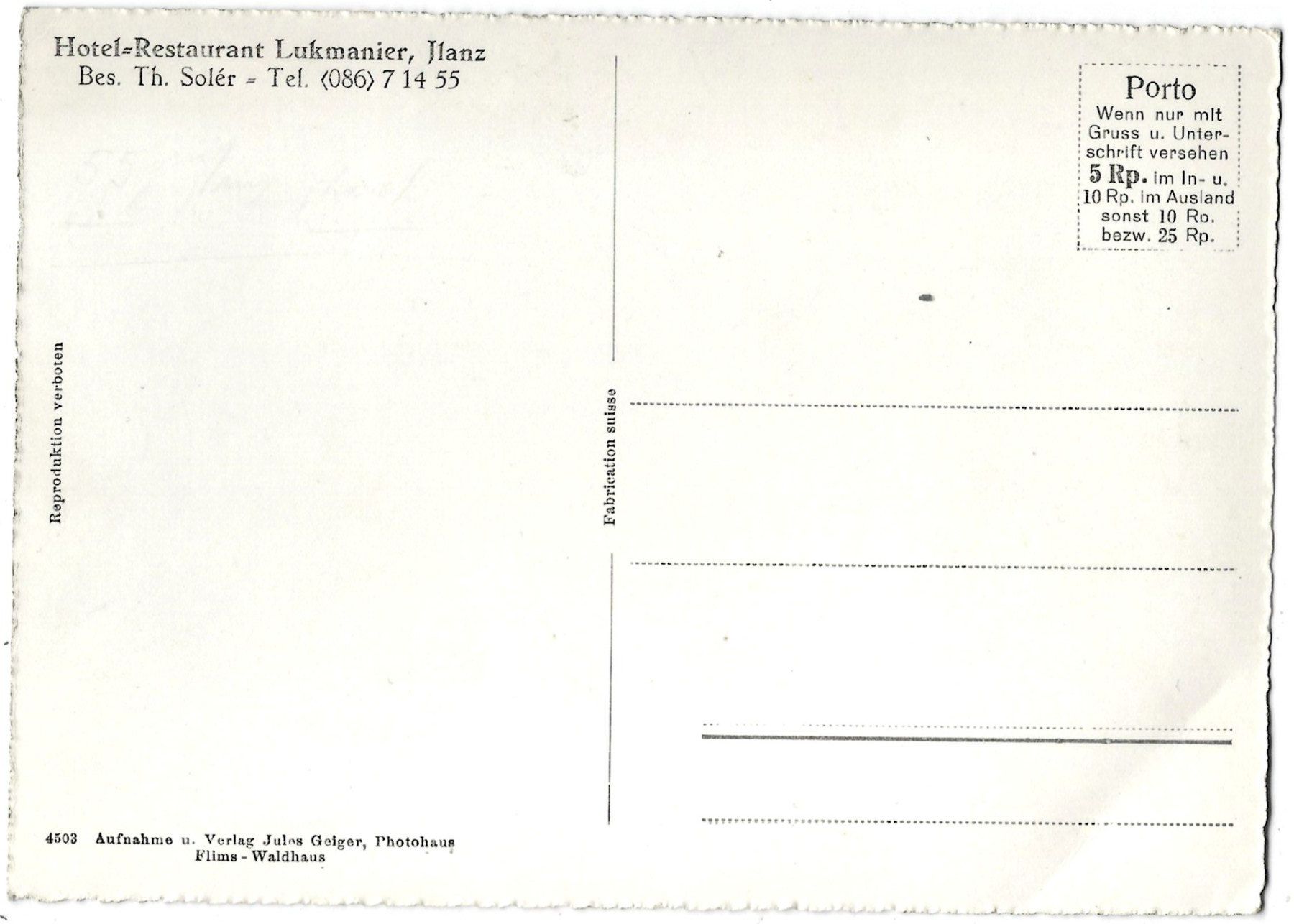Cartoline postali: Horel=Restaurant  Lukmanier,  Jlanz   Bes.  Th.  Solér – Usato da Bütschwil venduto da Jackson1A 1