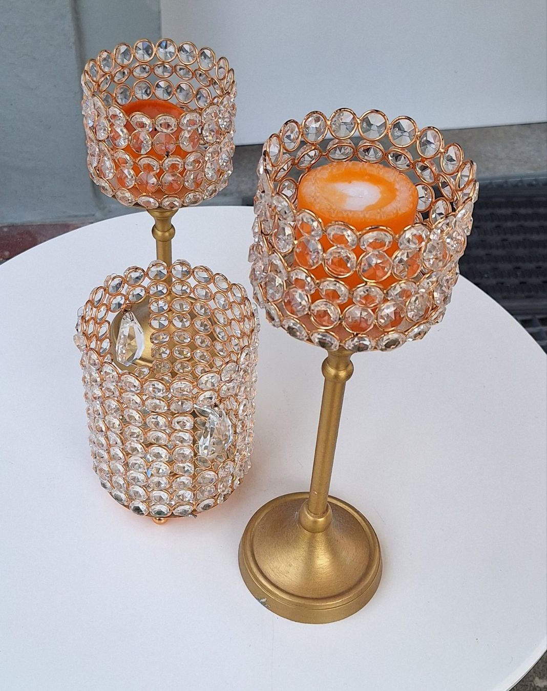Kerzenständer: Ensemble de 3 chandeliers dorés ornés de strass – Gebraucht aus Rickenbach b. Wil von joeletaxi1954 1