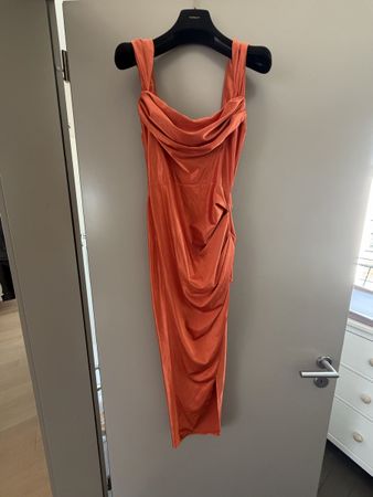 Damen Kleid orange gerafft Midi Schnitt guter Zustand