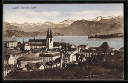 Luzern, Teilansicht des Ortes mit Alpenp