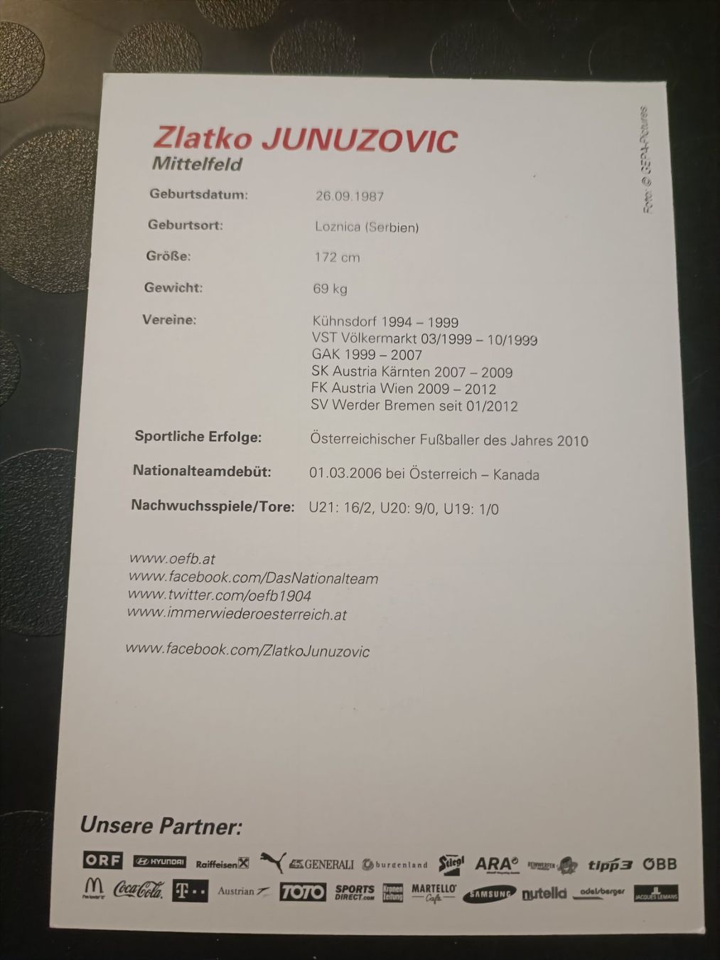 Autografi: Zlatko Junuzovic - handsignierte ÖFB Autogrammkarte von 2016 – Usato da Menziken venduto da Artographs 1