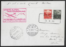 1933 Karte o Segel-Flugost TRIESENBERG-ZH-MILANO hochwertig