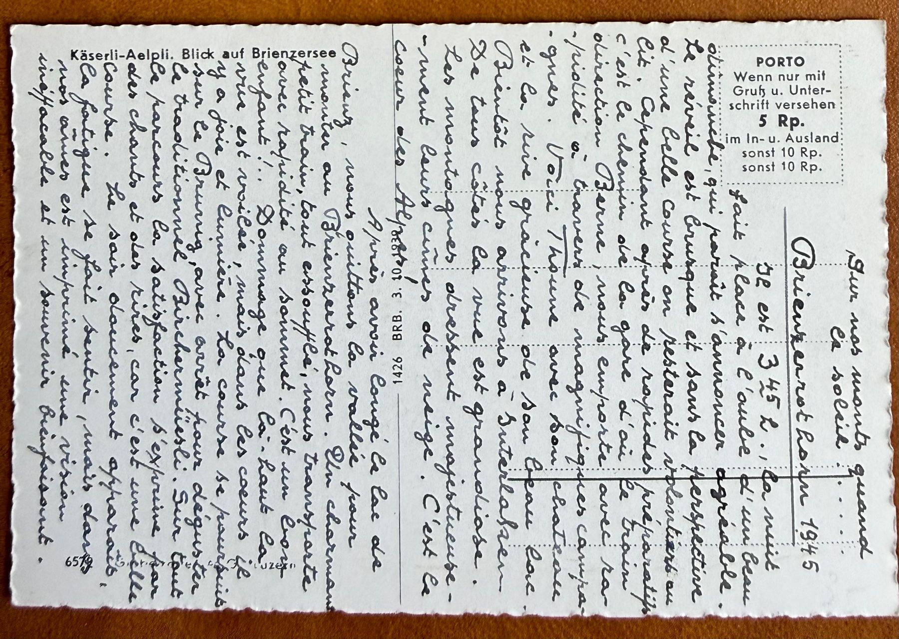 Ansichtskarten: Käserli - Aelpli - Brienzersee 1945 – Gebraucht aus Lutry von Ediego 1