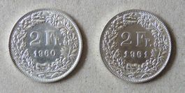 2 x Fr. 2.-  1960 und 1961 Silber