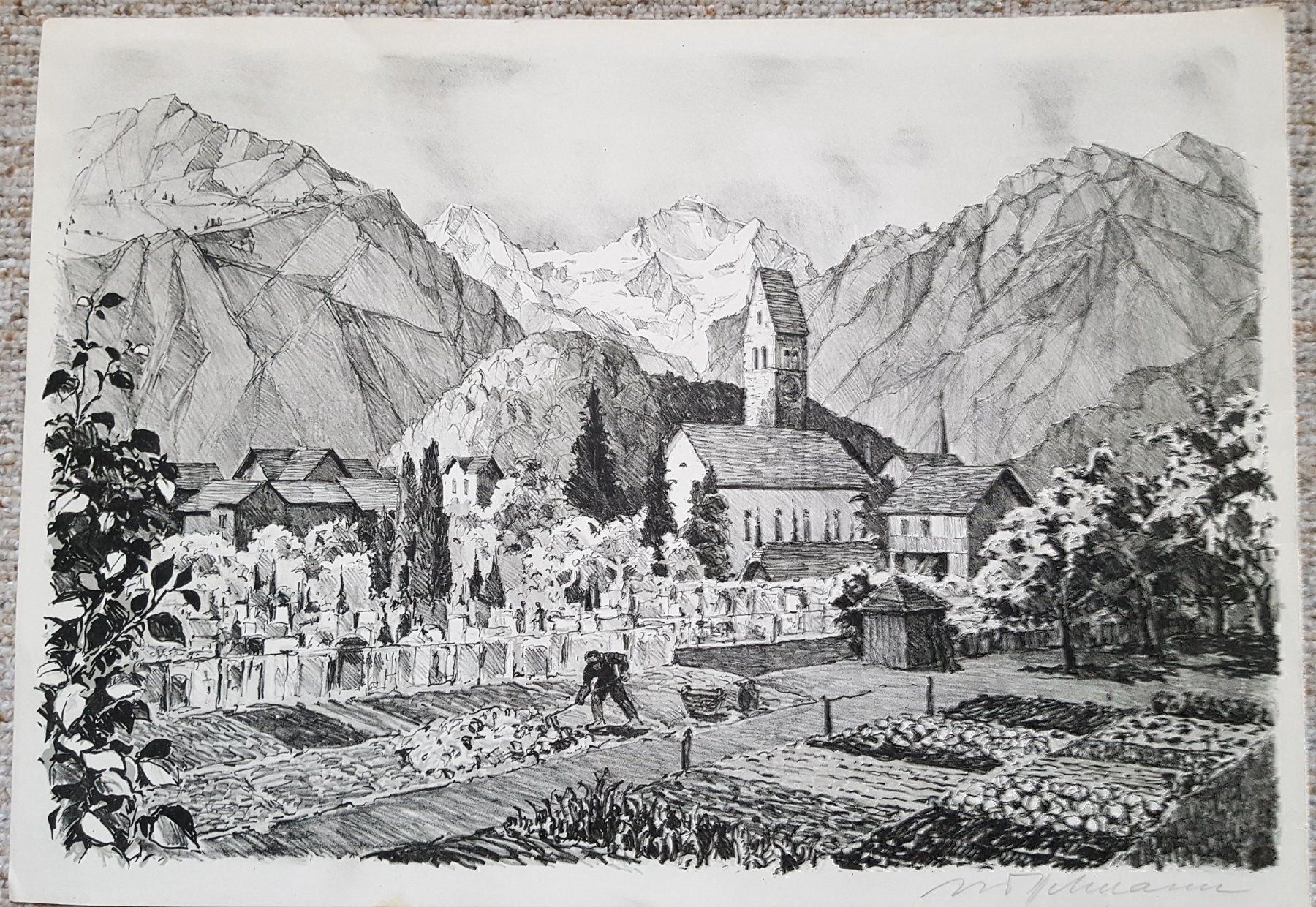 Grafiken & Lithographien: Diggelmann Lithographie Kirche Unterseen signiert – Gebraucht aus Unterseen von Naga99