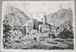 Diggelmann Lithographie Kirche Unterseen signiert