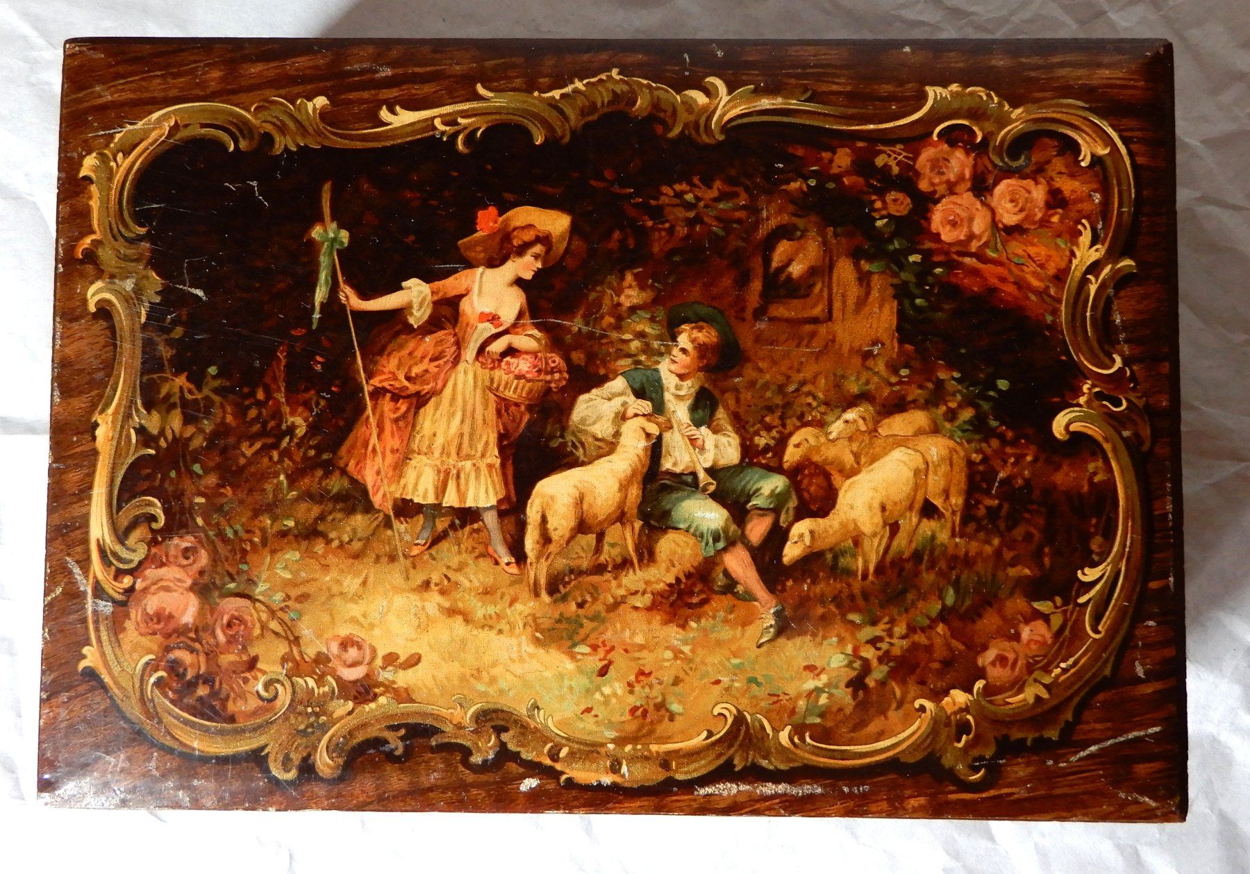 Barattoli: Antike Schmuckschatulle, Holz, Bild Schäferidyll. Schloss – Usato da Senèdes venduto da tintinette43 1