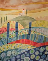 Original Aquarell moderne Toscana Hügellandschaft