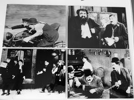 4 Fotos aus the Battle of the Century mit Laurel & Hardy